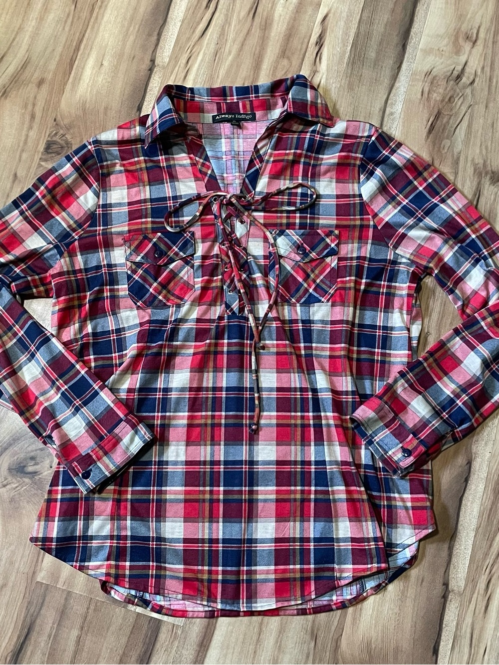 Always Indigo Plaid Lace Up Tunic Top Red Blue White Roll Tab Sleeve XL